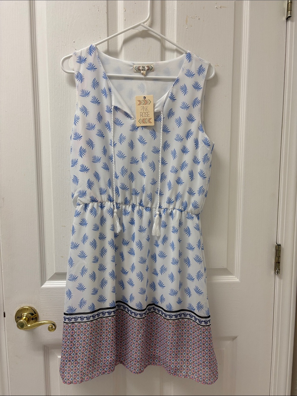 Pink Rose White Dress with Blue Palm Print and Patterned Hem NWT